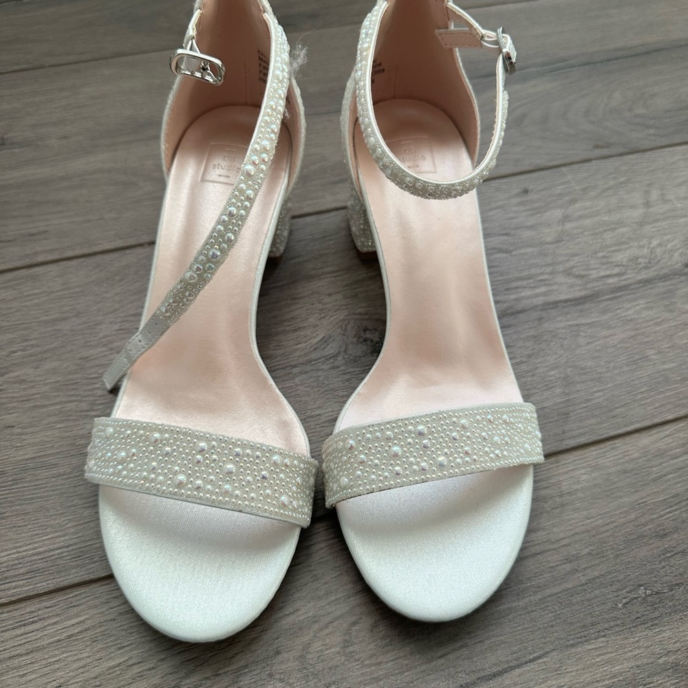 David’s Bridal Studio Allover Iridescent Pearl Low Block Heel Sandals
